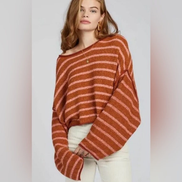 Free People Sweaters - Free People Bardot Boho Top Blouse Sweater Cropped Orange Stripe size XS